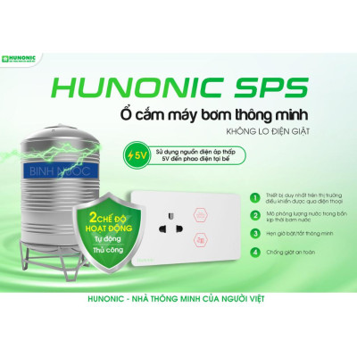 Ổ Cắm Chống Giật Hunonic SPS Bật tắt Máy Bơm, quản lý, mô phỏng lượng nước trên điện thoại