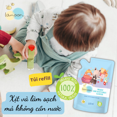 Xịt khuẩn đồ chơi Organic an toàn cho bé Lamoon - Túi 450ml Refill