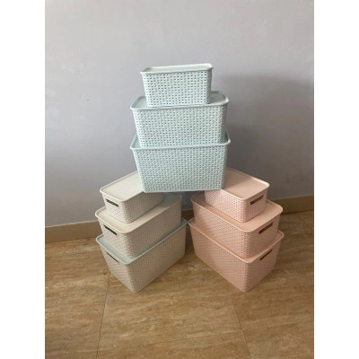 Giỏ nhựa mây tre đan đựng đồ có nắp đậy, giỏ đựng đồ đa năng, rổ nhựa hàn quốc. Phân phối bởi phương phương store Home.