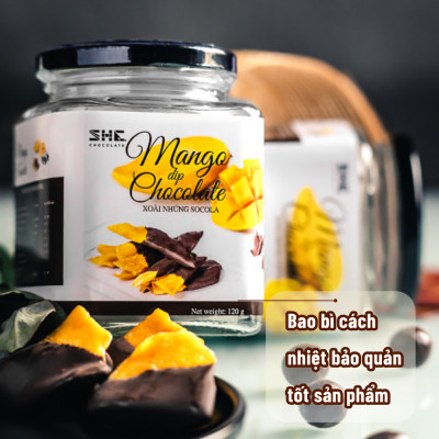 Xoài nhúng socola - Hũ thủy tinh 120g - SHE Chocolate - Bổ sung năng lượng, đa dạng vị giác. Quà tặng sức khỏe, quà tặng người thân, dịp lễ, thích hợp ăn vặt
