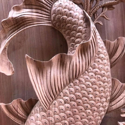 Cặp tranh treo tường lý ngư vọng nguyệt bằng gỗ hương đá siêu víp kt 42×127×8cm