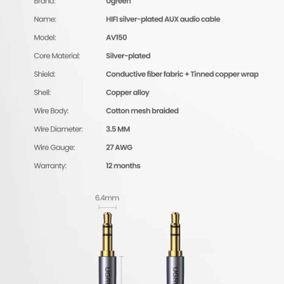 Ugreen UG90595AV150TK 5M Cáp âm thanh 3.5mm 2 đầu dương mạ Bạc - HÀNG CHÍNH HÃNG