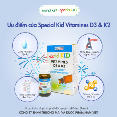 Special Kid Vitamines D3 et K2 - Hỗ trợ tăng cường hấp thu calci giảm triệu chứng còi xương, tăng chiều cao cho trẻ - 10ml
