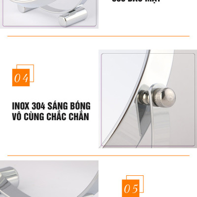 Gương trang điểm phóng đại 3 lần, xoay 360 độ, 2 mặt siêu nét, để bàn, Inox 304, Size 18cm, 20cm, Minh House G31
