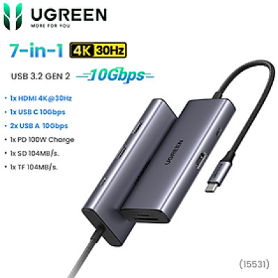 Bộ Chuyển Đổi Tín Hiệu Hub USB-C 7 trong 1 Ugreen 15531 sang HDMI + USB-C + 2 x USB-A + USB-C PD100W +  SD/TF - Hàng chính hãng