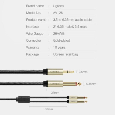 Ugreen UG40790AV126TK 1M Màu Đen Cáp âm thanh 2 đầu 6.5mm dương sang 3.5mm dương cao cấp - HÀNG CHÍNH HÃNG