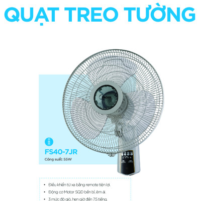 Quạt Treo Tường 3 Cánh Midea FW40-7JR (Quạt Điện Công Suất 55W, Chỉnh Gió 3 Tốc Độ, Có Điều Khiển Từ Xa)