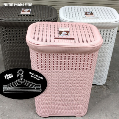 ( HÀNG CAO CẤP ) Giỏ đựng đồ quần áo có nắp Hàn Quốc Kiểu Dáng Đan Mây( Tặng Sét 5 Móc áo Inox Xoắn Dài 40cm )