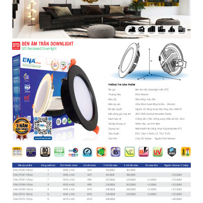 Bộ Đèn LED ENA Vietnam âm trần downlight DTD công suất 5w 7w 9w 12w 15w vỏ trắng