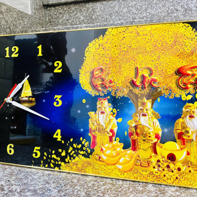 Tranh đồng hồ tráng gương treo tường phúc lộc thọ tranh cây kim tiền bo viền khung tặng pin và đinh 3 chân BIN DECOR