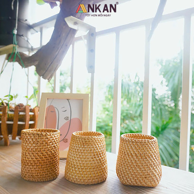 Cốc Mây Tre Đan Thủ Công Đa Năng - Đựng Bút, Cắm Hoa, Trang Trí Bàn Làm Việc - Phong Cách Vintage