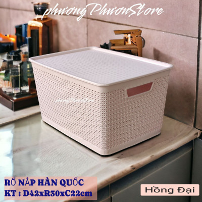 Combo 2 giỏ nhựa đan giả mây đựng đồ kiểu Hàn Quốc có nắp size đại