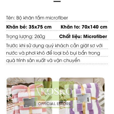 Bộ 2 khăn tắm khổ lớn microfiber KOSKO kích thước 70x140cm và 35x75cm siêu thấm hút không rụng lông