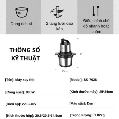 Máy xay thịt, máy xay tói ớt đa năng công suất mạnh mẽ 800W SOKANY SK-7028, dung tích 4L, cối INOX 304 - HÀNG CHÍNH HÃNG