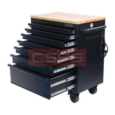 Tủ dụng cụ 7 ngăn kéo tay nắm đen có mặt ván gỗ kèm ray đóng êm CSPS