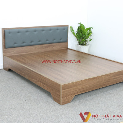 Giường Ngủ Gỗ MDF Phủ Melamine Bọc Nệm Xanh Đậm Chân Cao Màu Nâu