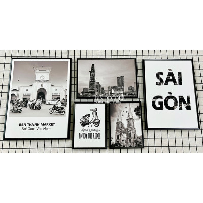 (ẢNH THẬT) Tranh treo tường trang trí decor sài gòn trắng đen có sẵn khung