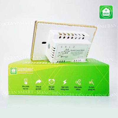 Công Tắc Cảm Ứng HUNONIC Luxury, Công Tắc Thông Minh Bluetooth Mesh Viền Vàng Hình Chữ Nhật - HNLUXC