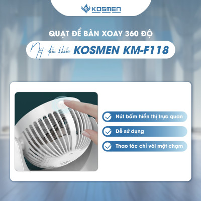 Quạt Mini Để Bàn Kosmen F118 Có Lưới Bảo Vệ , Dung Lượng Pin Khủng, Xoay 360 Độ - Hàng Chính Hãng