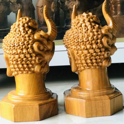 Diện phật thiện ác bằng gỗ bách xanh liền khối thơm phức kt cao 20×12×12cm