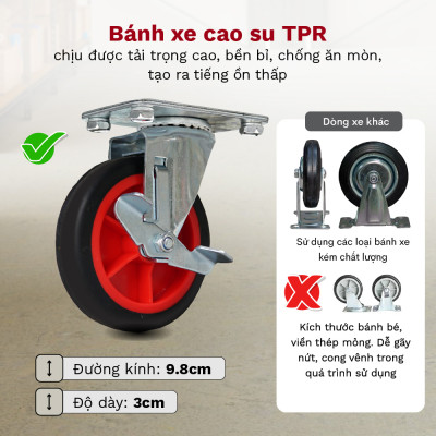 Xe đẩy hàng 4 bánh gấp gọn sàn thép FUJIHOME nhập khẩu, xe kéo hàng xếp gọn, bánh xe có chốt hãm - hàng chính hãng