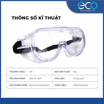 Kính bảo hộ lao động 3M cao cấp Mỹ 11621AF chống bụi, chống hóa chất, chống sương mờ, kính phun thuốc trừ sâu