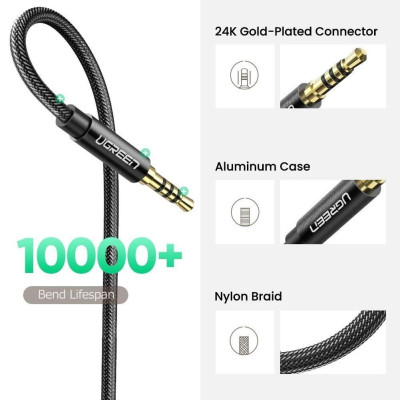 Ugreen UG60845AV118TK 0.5M màu đen 3.5mm 3 ngấn nối dài Cáp âm thanh dây bện nylon 50cm hỗ trợ micro - HÀNG CHÍNH HÃNG