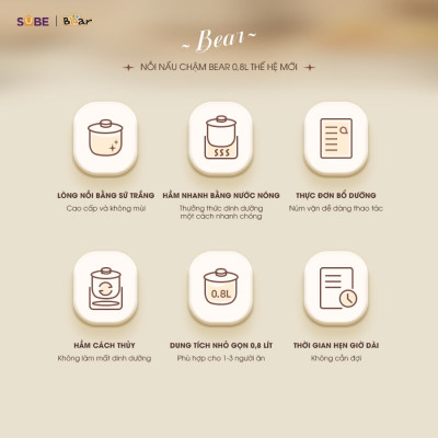Nồi Chưng Yến, Nồi Tiềm Thuốc Bắc, Nồi Nấu Chậm BEAR SUBE001 Kèm Lồng Hấp Dung Tích 0.8 Lít, Công Suất 200 W - Hàng Chính Hãng