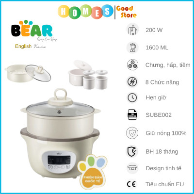 Nồi Chưng Cất Yến, Tiềm Thuốc Bắc BEAR SUBE002 Dung Tích 1.6 Lít Công Suất 200 W - Hàng Chính Hãng