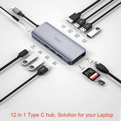 BỘ CHUYỂN WIWU ALPHA 12 IN 1 USB TYPE C HUB Chỉ Truyền Dữ Liệu, Không Được Hỗ Trợ Nguồn Điện - Hàng Chính Hãng