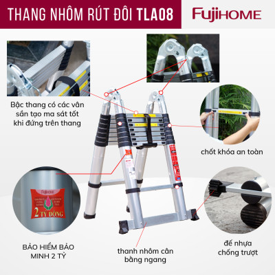 Thang nhôm rút gọn chữ A FUJIHOME TLA08 ( Chiều cao chữ A 2,5m - Cao chữ I 5m, Khóa an toàn, đế chống trượt) Hàng Chính hãng