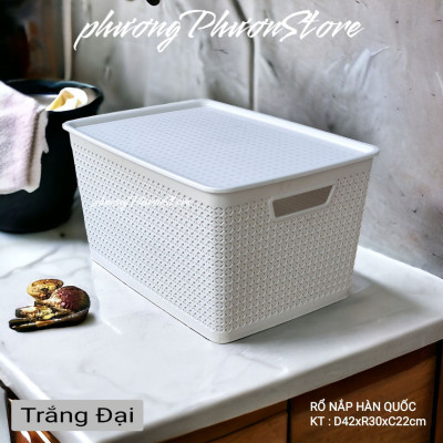 Combo 2 giỏ nhựa đan giả mây đựng đồ kiểu Hàn Quốc có nắp size đại