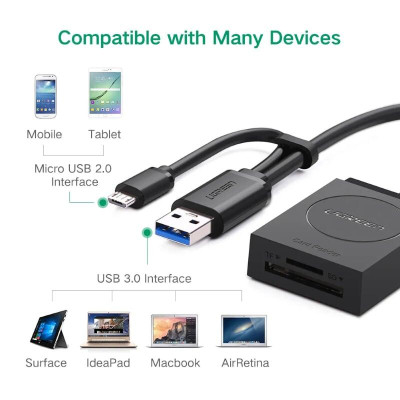 Ugreen UG20203CR127TK 15CM màu Đen Bộ chuyển USB 3.0 sang đọc thẻ TF + SD hỗ trợ OTG cao cấp - HÀNG CHÍNH HÃNG