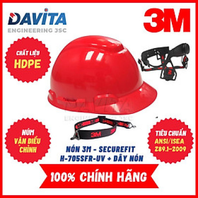Nón bảo hộ màu đỏ mẫu cải tiến 3M SecureFit H-705SFR-UV, đã gồm dây quai nón 1990