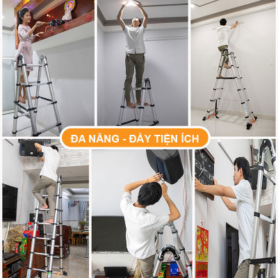Thang nhôm rút đôi, có bánh xe di chuyển tiện lợi, thanh giằn khóa và thân thang an toàn, chiều cao từ 3,8m - 8m