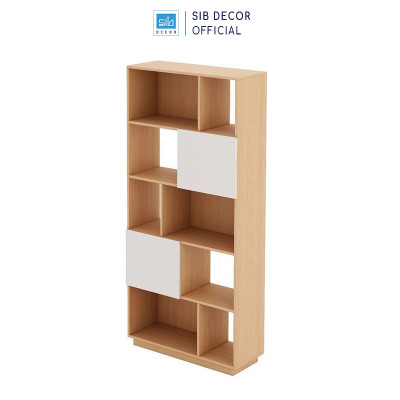 Kệ Sách Gỗ Nhiều Ngăn Kèm 2 Cánh Mở Màu Trắng Phối Oak SIB Decor KSG26