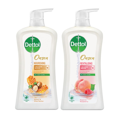 COMBO 2 CHAI SỮA TẮM DETTOL ONZEN MẬT ONG KHÁNG KHUẨN DƯỠNG THỂ VÀ DƯỠNG DA ĐÀO & PHÚC BỒN TỬ (950G/CHAI)