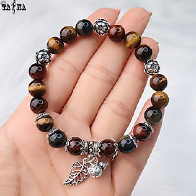 Vòng đá mắt hổ tam tài đa sắc 8mm 3A mix charm bạc 925 cao cấp