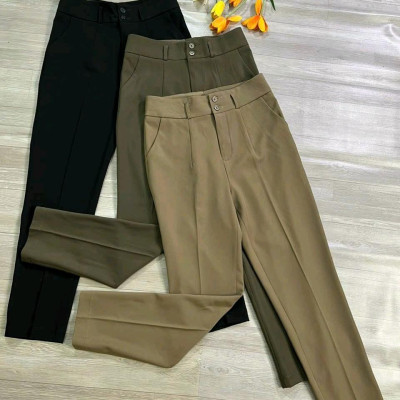 Quần Baggy Nữ Dáng Dài Vải Hàn Quốc Không Nhăn Phong Cách Sang Trọng & Thanh Lịch Kem Kaki Nhung Voi Lưng Cao