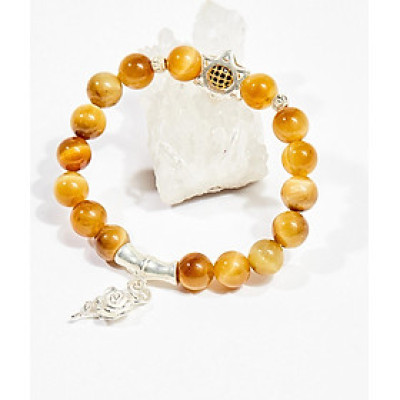 Vòng tay phong thủy đá mắt hổ vàng tâm charm hoa hồng 10mm mệnh thổ , kim - Ngọc Quý Gemstones