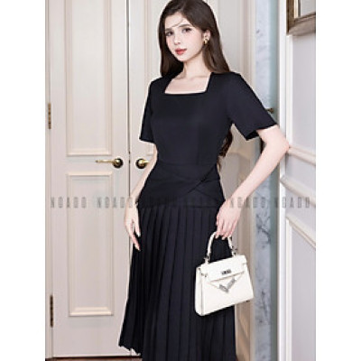 Đầm đen cổ vuông xếp ly NGADO , đầm dài , đầm kiểu Nữ , đầm dự tiệc , công sở