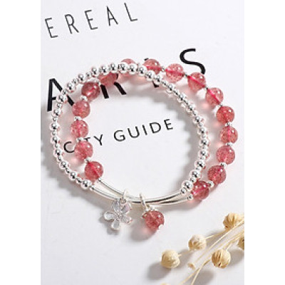 Vòng tay 2 line đá thạch anh dâu phối charm hoa bạc mệnh hỏa, thổ - Ngọc Quý Gemstones