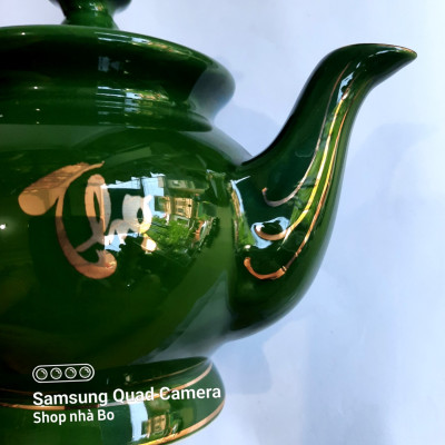 Bộ ấm chén Bát Tràng phú quý men xanh lục ngọc bảo họa tiết Phúc - Lộc - Thọ vẽ vàng 24k 