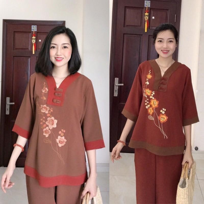 Đồ Lam Đi Chùa # Chữ Y Thêu Hoa SaLa Vải Đũi