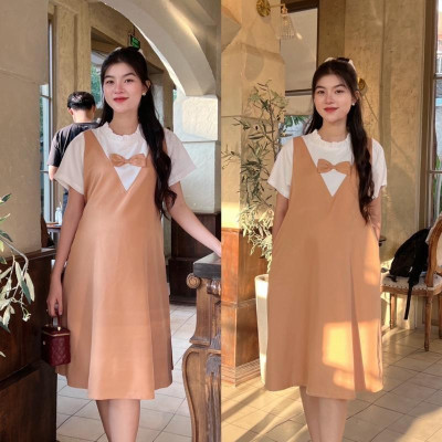 Đầm bầu yếm liền công sở cổ bèo tim đính nơ chất cotton lạnh mềm mịn dễ thương