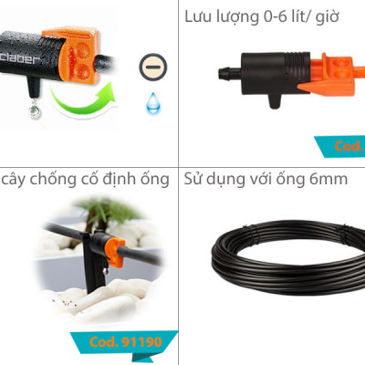 Bộ Tưới Cây Nhỏ Giọt DRIPKIT10TC Claber Sản Xuất tại Ý,10 đầu tưới nhỏ giọt điều chỉnh được lưu lượng 0-6l/giờ
