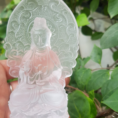 Tượng Phật Bà Quan Âm Mới Đá Lưu Ly Trắng Để Trong Xe Hơi hoặc Để Bàn cao 12cm đk 7cm đế 5cm Mệnh Kim mệnh Thủy ạ