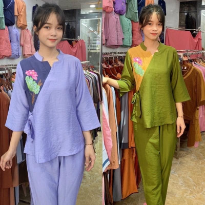 Đồ Lam Đi Chùa# Lục Giác Nơ Phối Vải Cao Cấp# Quần Áo Nữ # Đồ Bộ