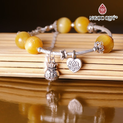Vòng tay đá mắt hổ vàng tâm mix charm bạc túi tiền & thiên thần tình yêu mệnh thổ , kim - Ngọc Quý Gemstones