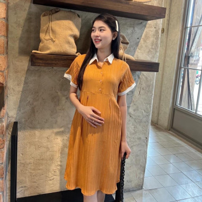 Đầm bầu babydoll đũi gân cổ sơ mi thanh lịch, phối màu bầu diện dễ thương